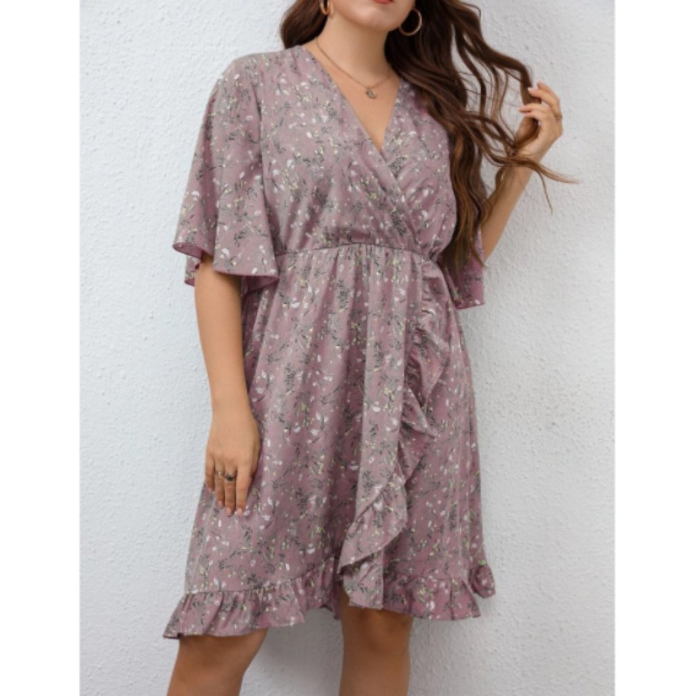 Plus Floral Print Overlap Collar Flutter Sleeve R… - image 1